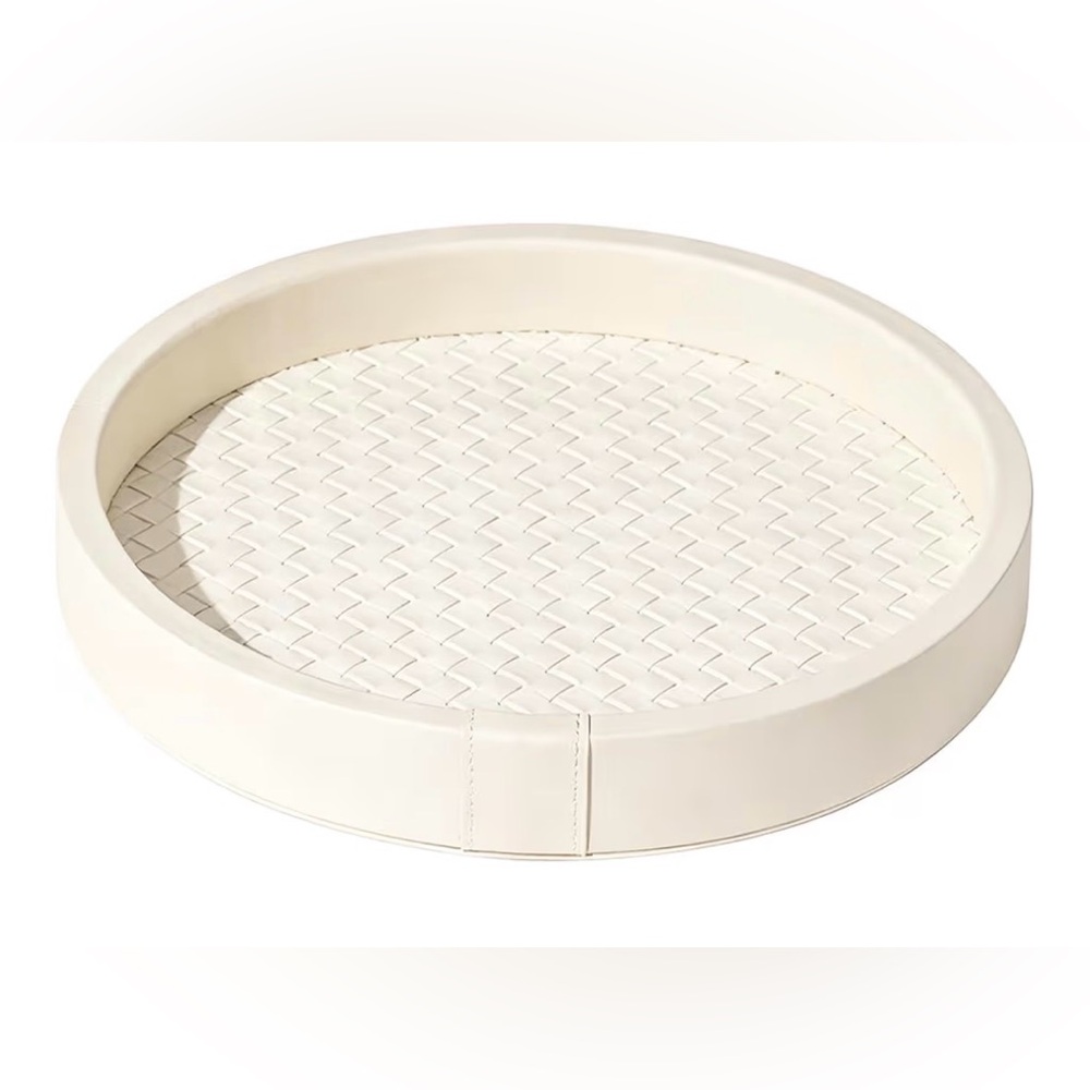 Handmade White Large Round Leather Tray - 9.85x1.38